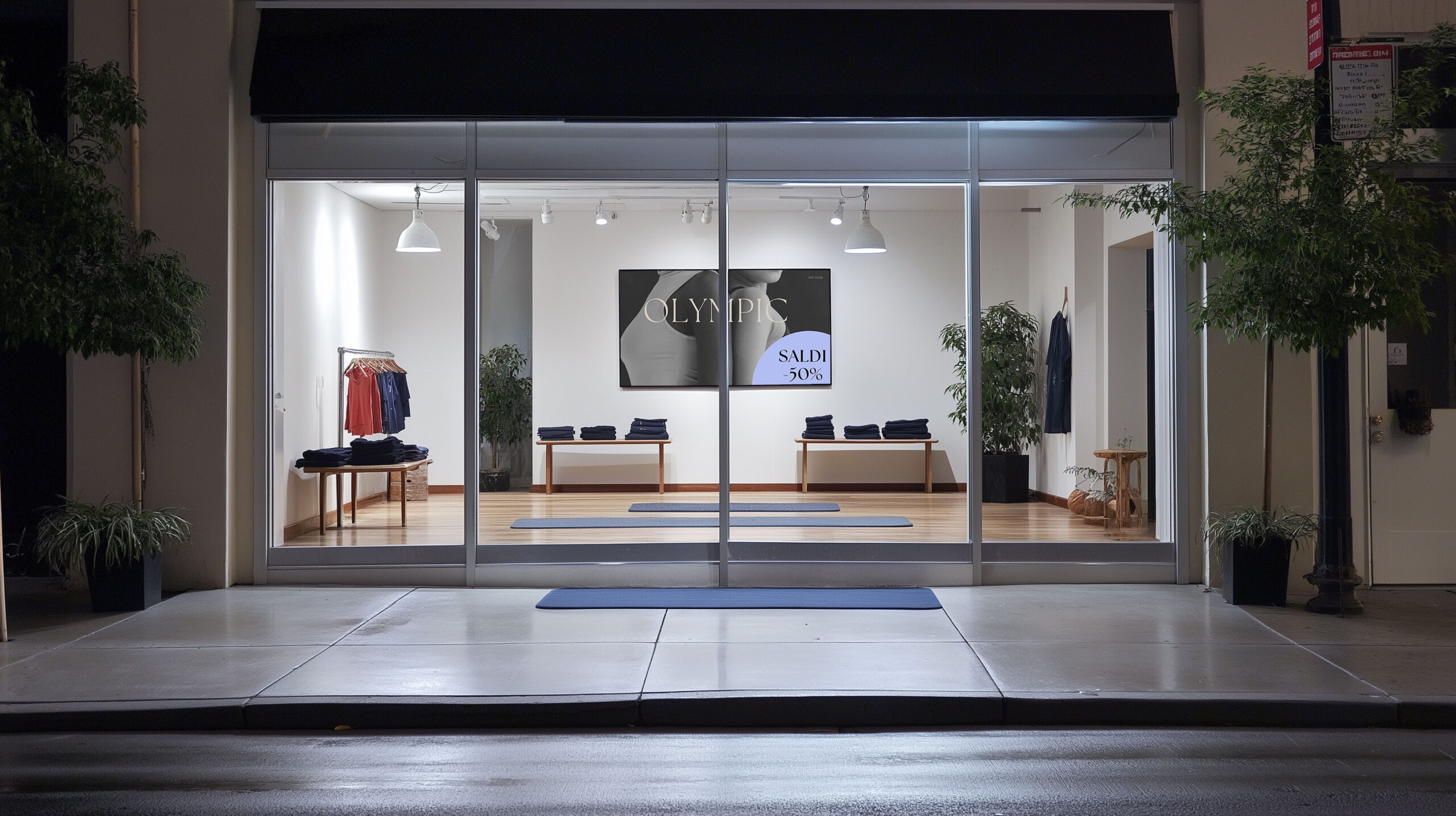 Vetrina di negozio di abbigliamento con schermo digitale che mostra saldi del 50%