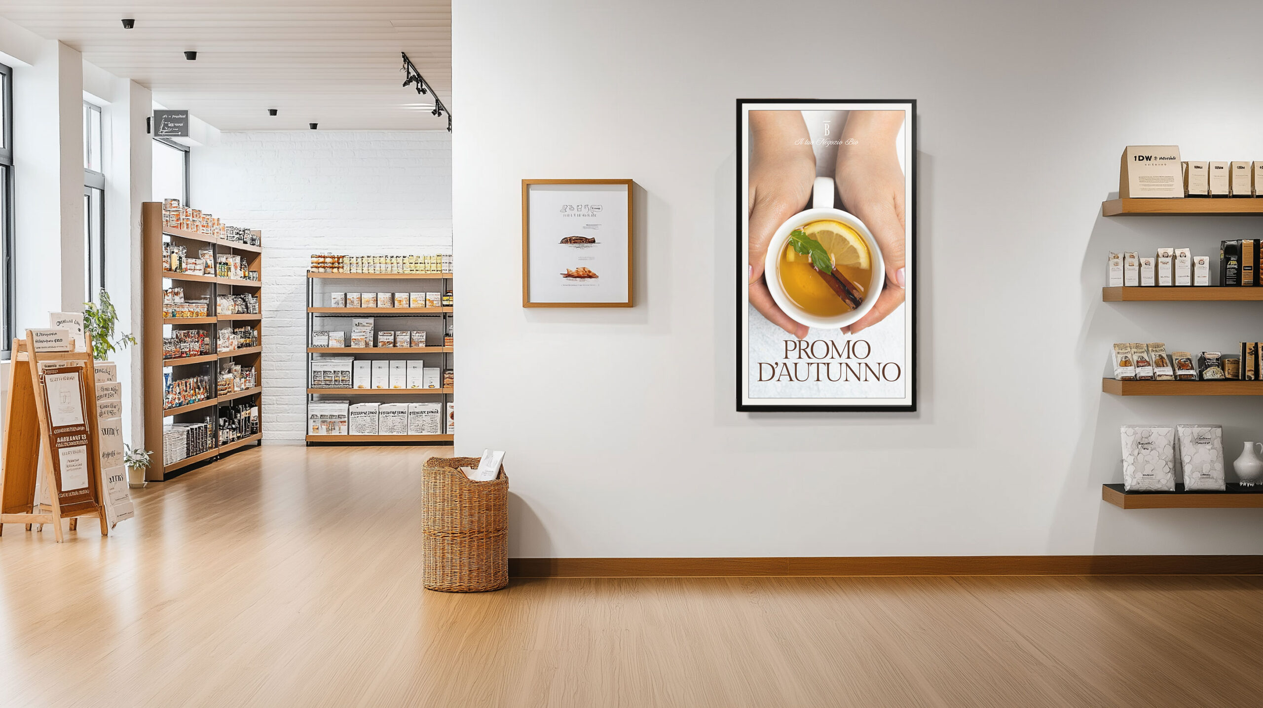 Schermo digitale Esapix Esapix che mostra una sedia di design in promozione (-30%) all'interno di un elegante negozio di arredamento.