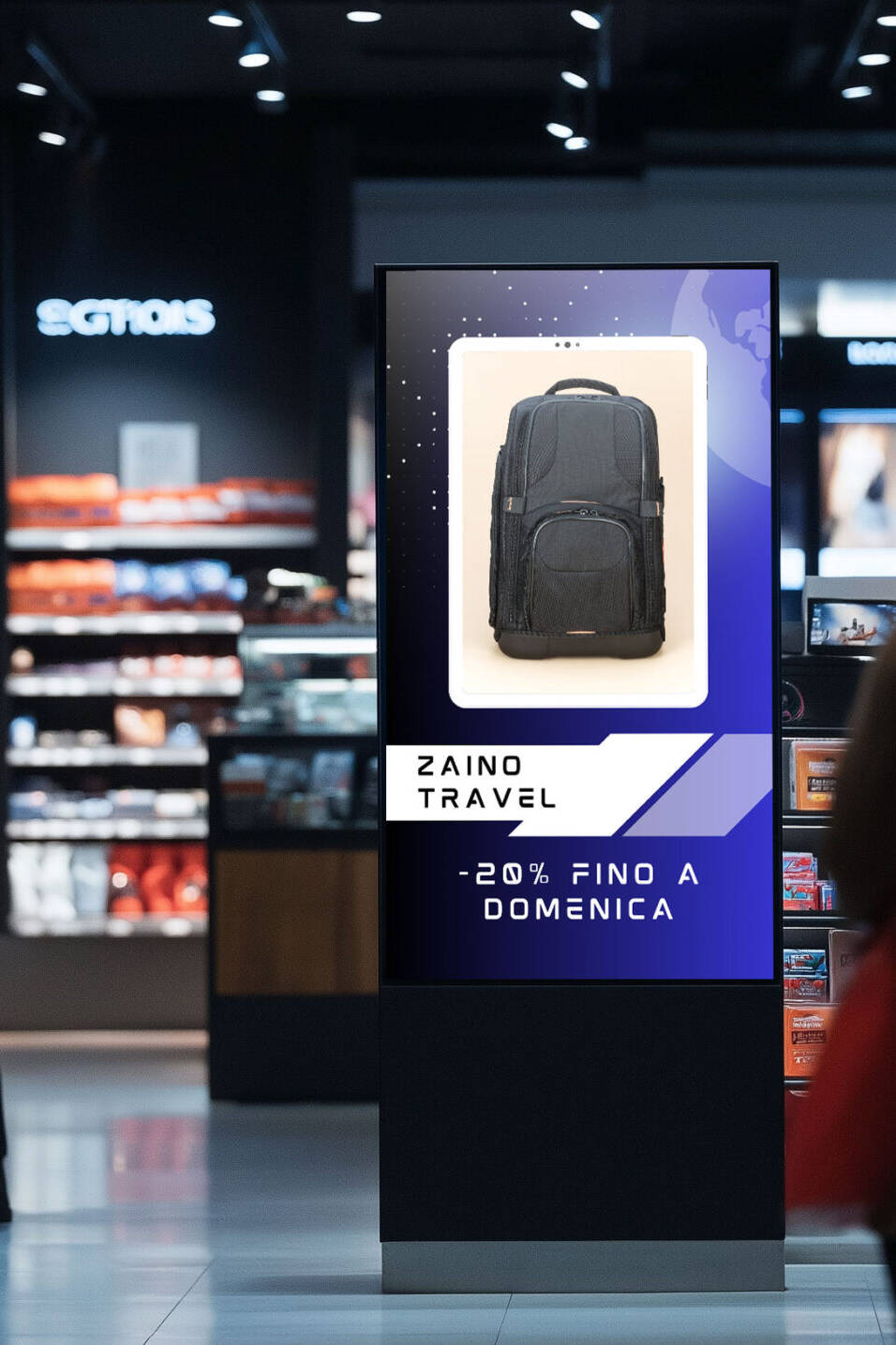 Totem digitale Esapix con promozione di uno zaino travel in offerta speciale, posizionato in un corridoio affollato di un centro commerciale.