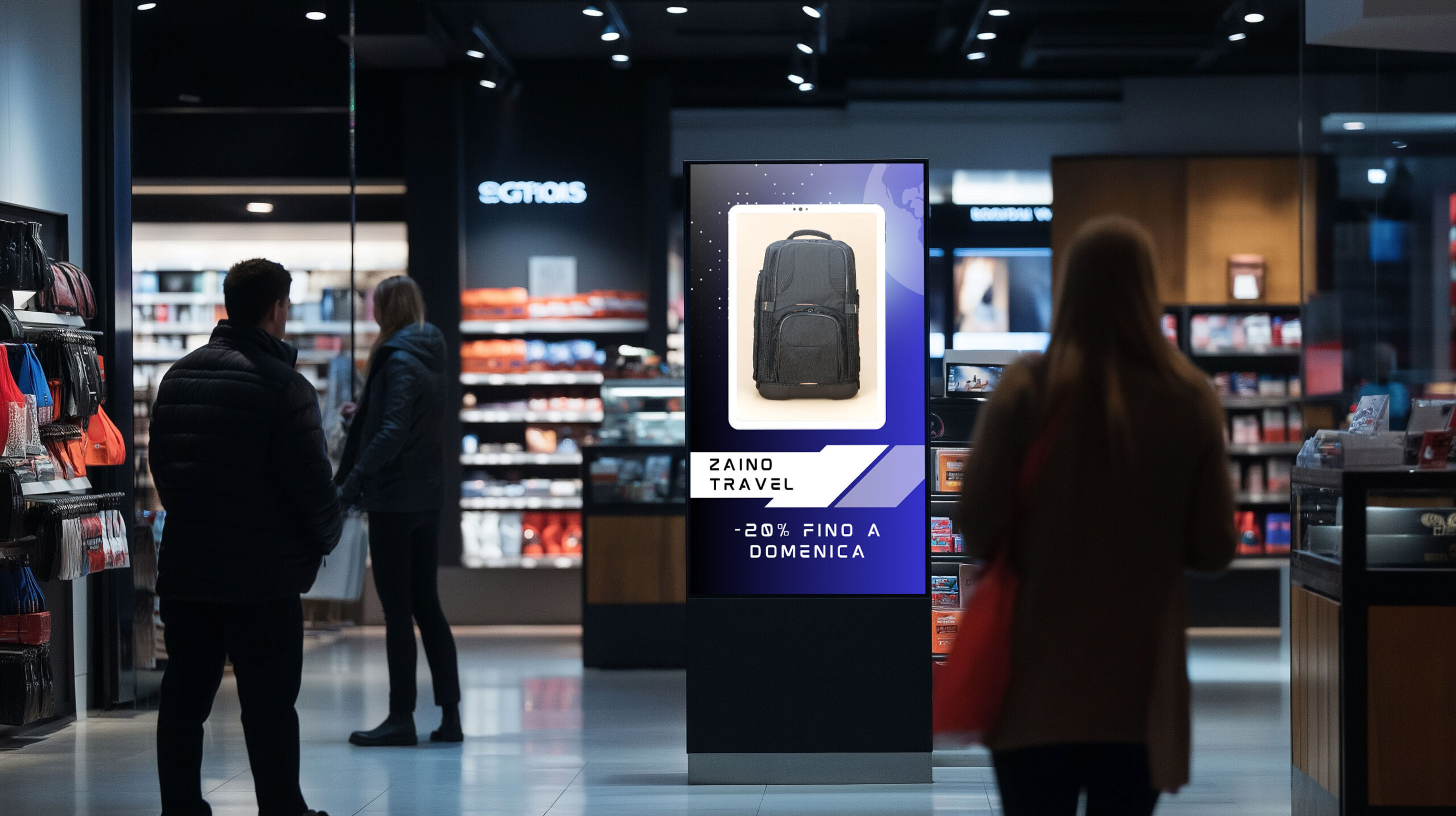 Totem digitale Esapix con promozione di uno zaino travel in offerta speciale, posizionato in un corridoio affollato di un centro commerciale.