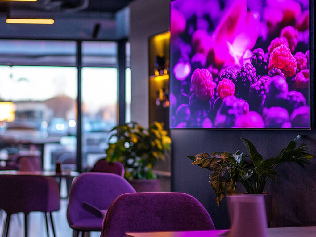 Grande schermo digitale a parete in un ristorante contemporaneo con contenuto visivo ad alto impatto.