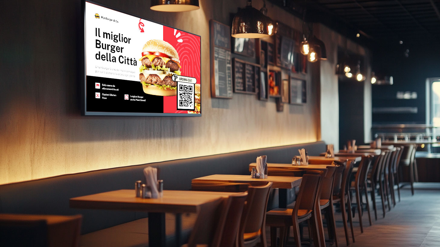 Schermo digitale Esapix che presenta la promozione di un hamburger con QR code per ordinazione diretta, installato in un moderno locale ristorativo.
