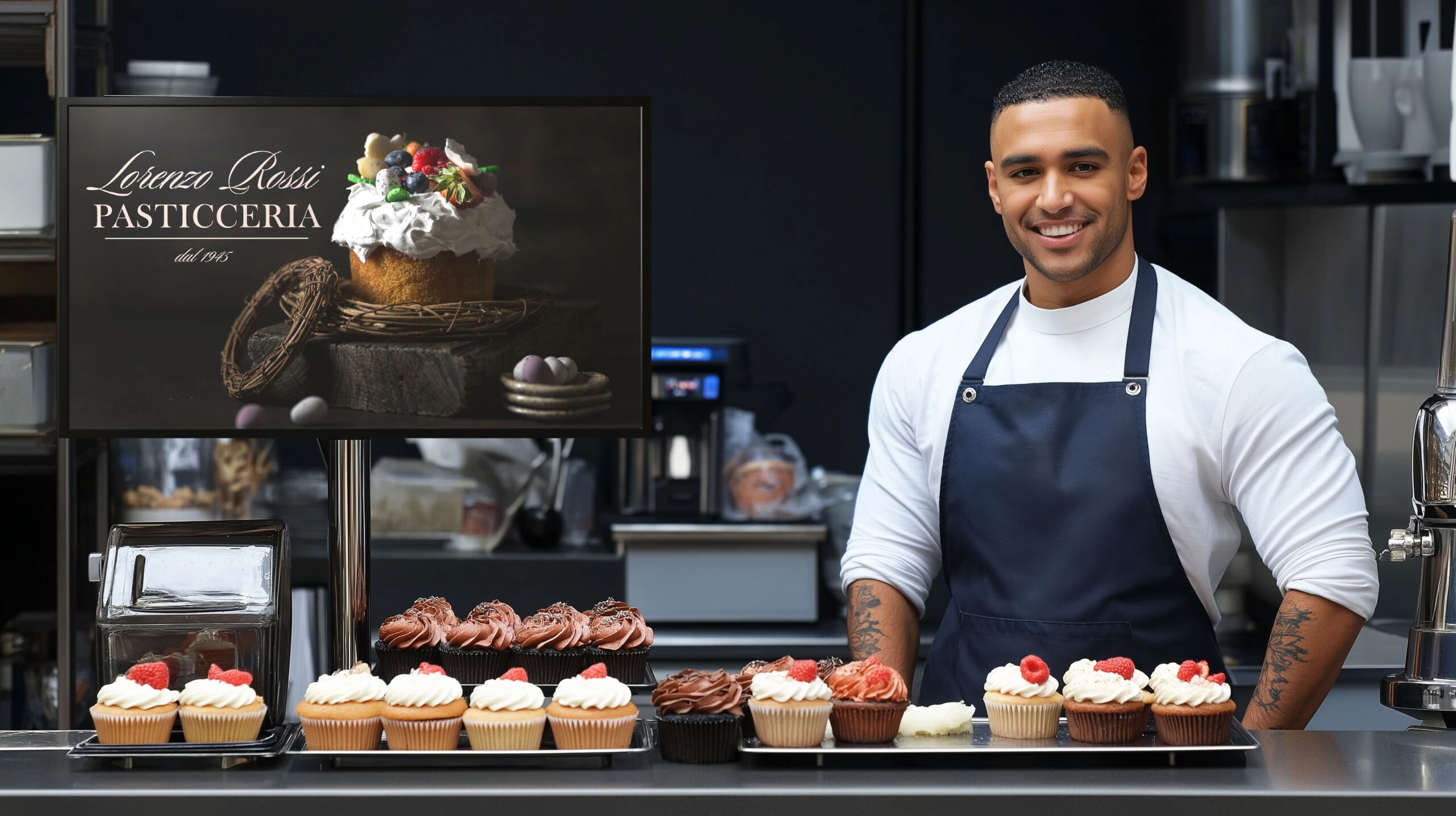 Schermo Digital Signage Esapix che mostra contenuti promozionali per una pasticceria artigianale, posizionato accanto al banco con dolci e cupcakes.