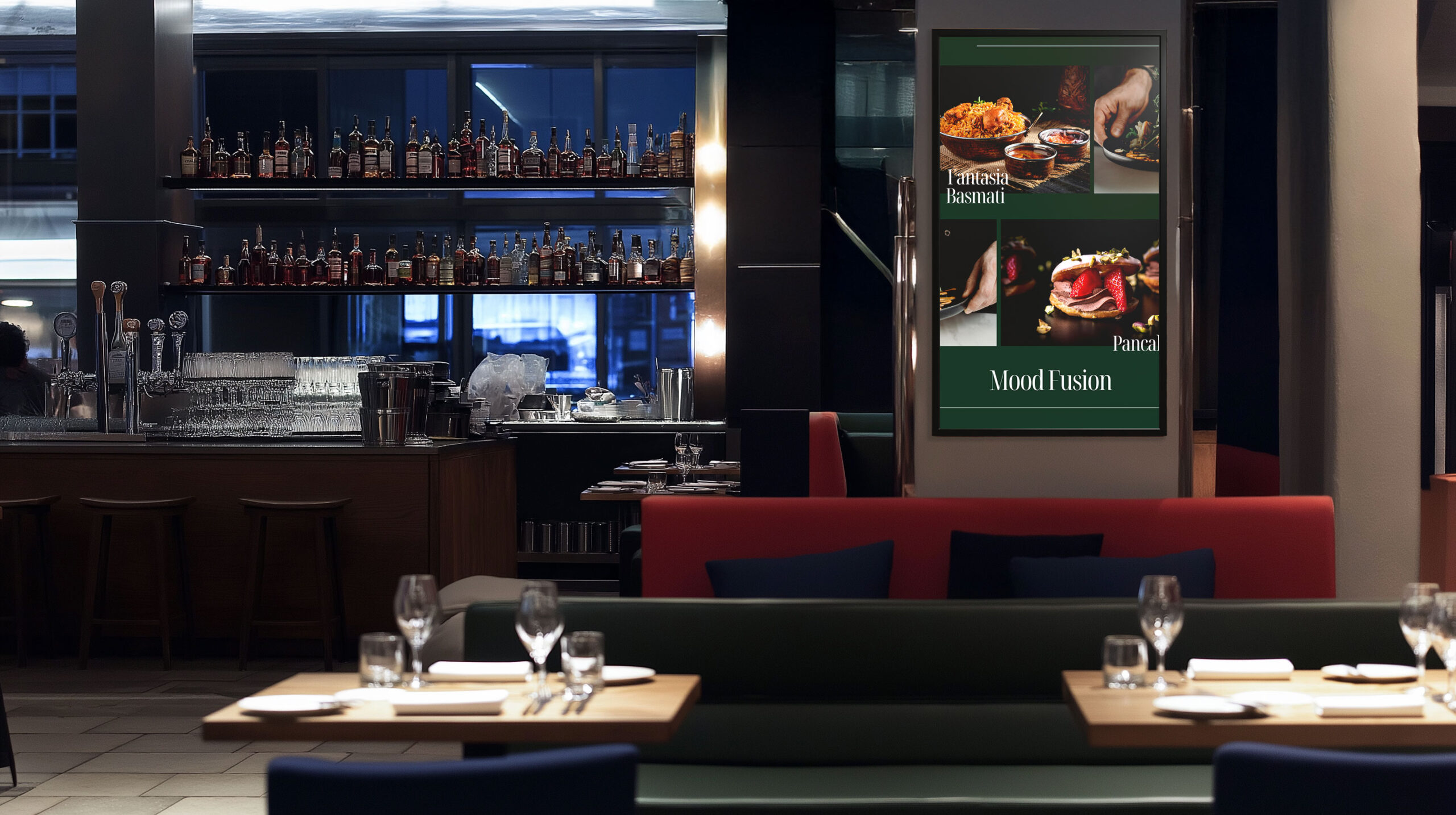 Display Digital Signage Esapix con contenuti promozionali verticali dedicati a piatti fusion, installato in un elegante e moderno ristorante con bar.