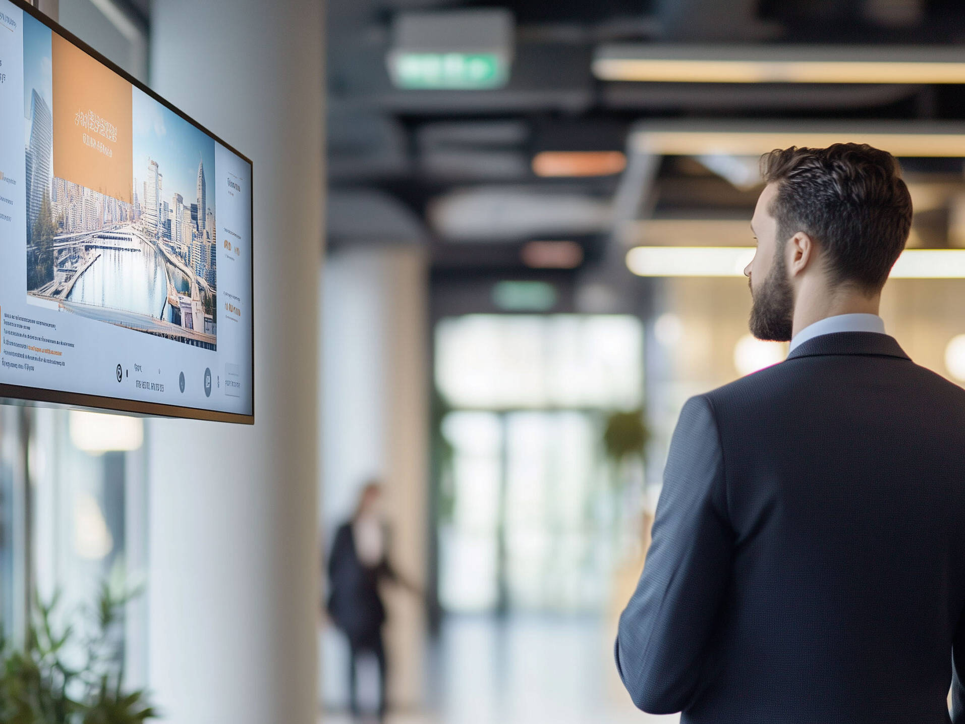 Professionista osserva uno schermo Digital Signage Esapix che mostra contenuti personalizzati in un ambiente aziendale moderno.