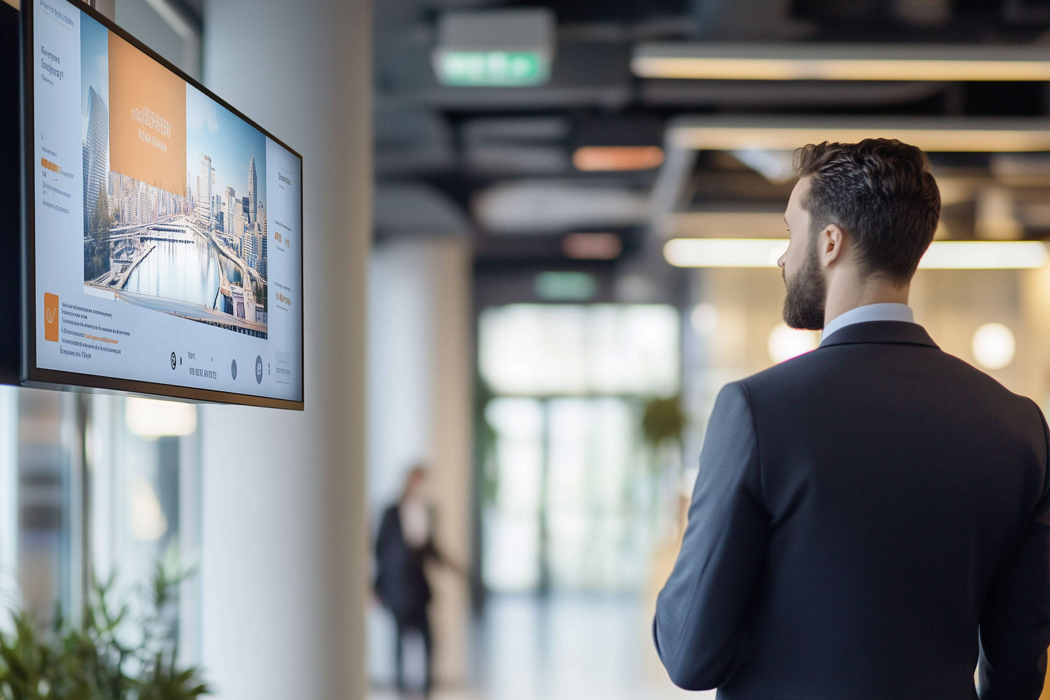Professionista osserva uno schermo Digital Signage Esapix che mostra contenuti personalizzati in un ambiente aziendale moderno.