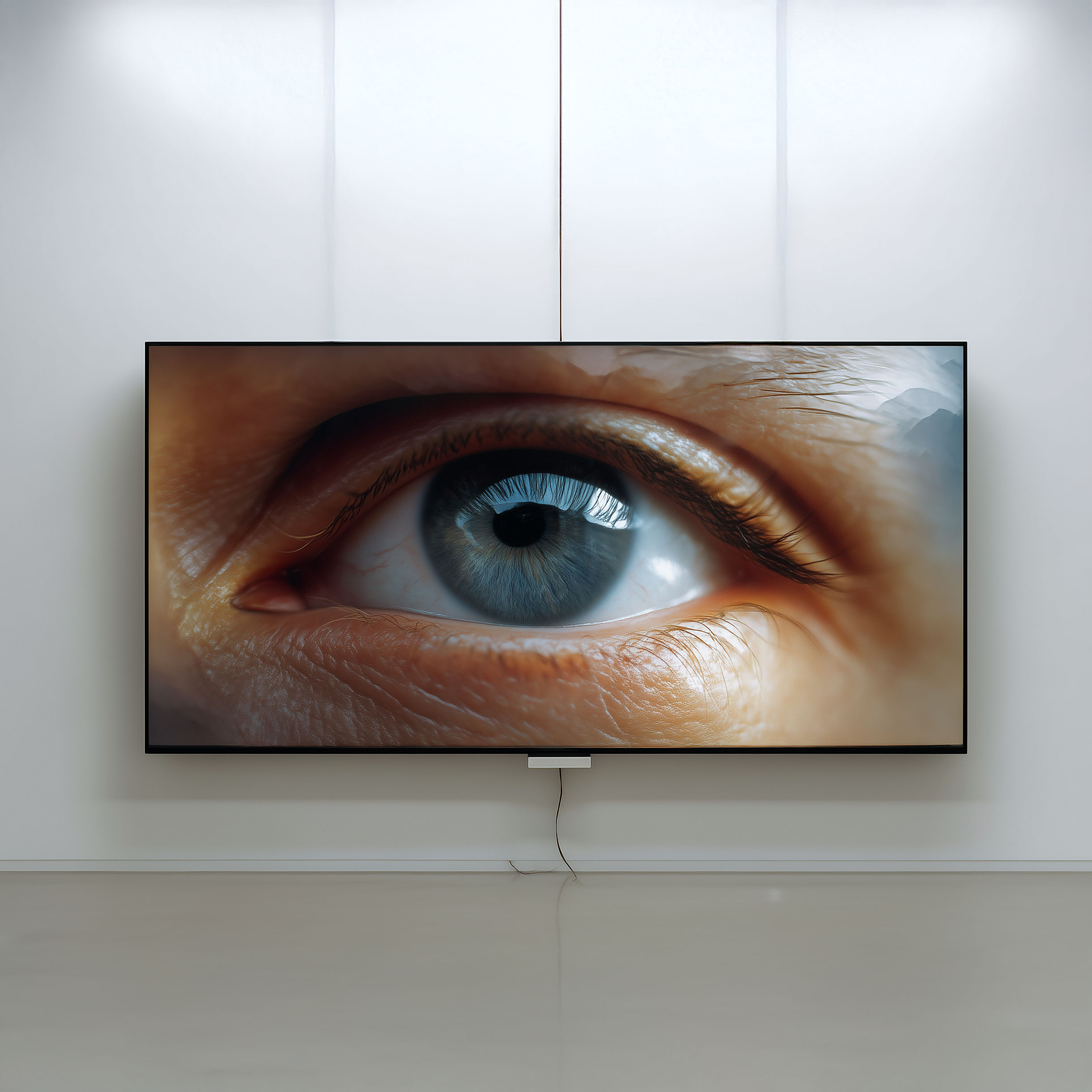 Grande schermo Digital Signage Esapix appeso a una parete bianca, che mostra in primo piano un occhio umano con dettagli realistici.