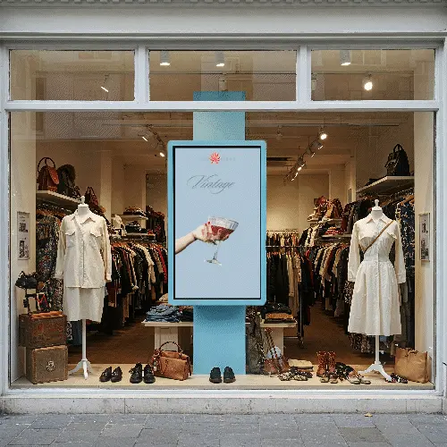 Schermo digitale che promuove abbigliamento vintage all'interno della vetrina di un negozio.