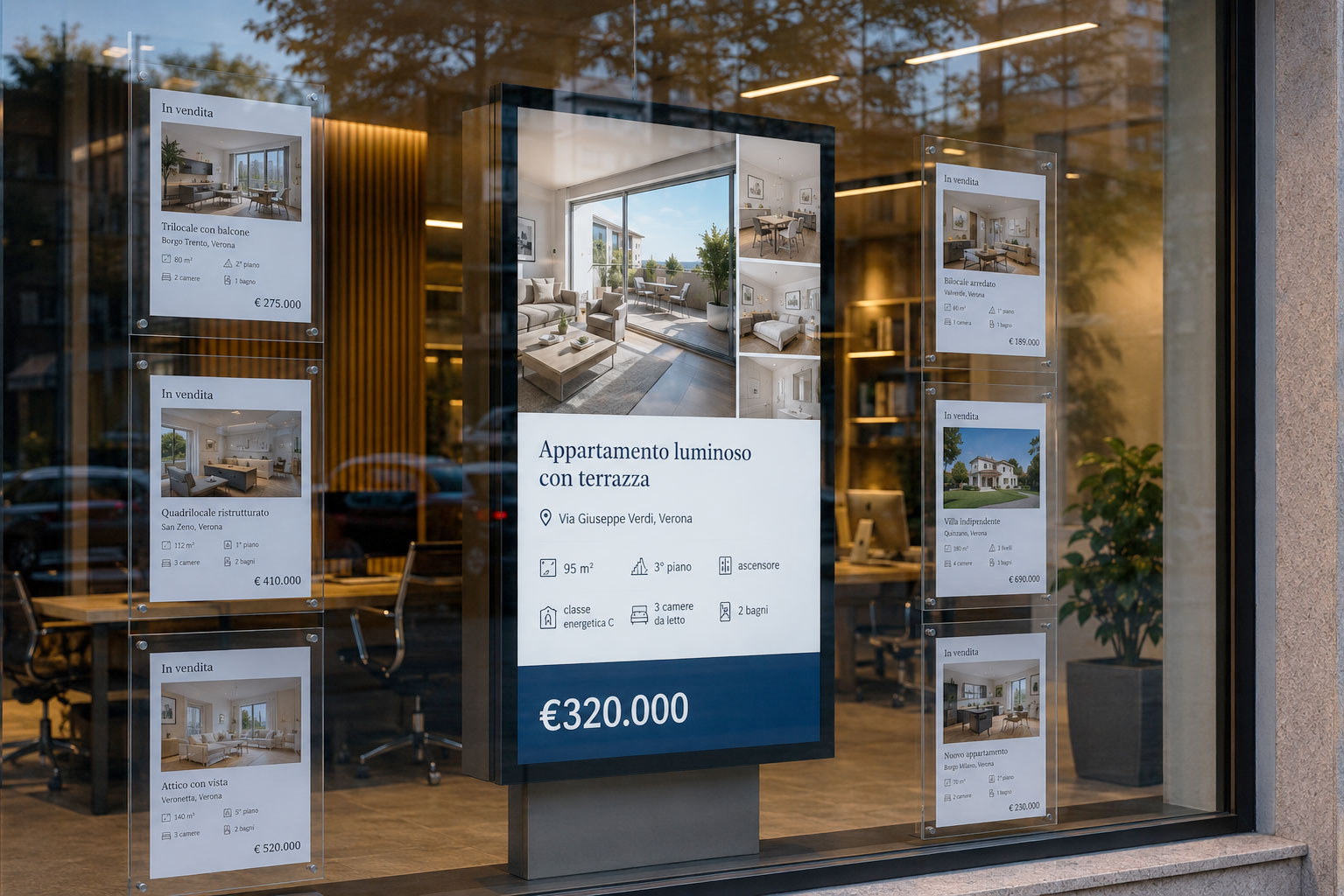 Vetrina di un'agenzia immobiliare con monitor professionale di digital signage che mostra annunci di immobili in vendita.