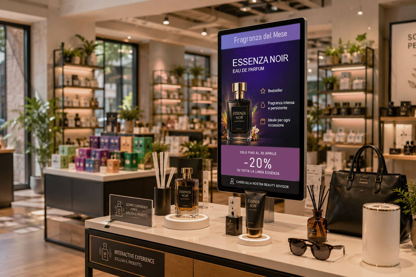 Profumeria con monitor professionale di digital signage che promuove una fragranza e offerte all'interno del punto vendita.