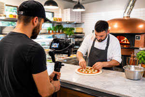 Operatore video che riprende un pizzaiolo durante la preparazione di una pizza in un ristorante per la creazione di contenuti digital signage.