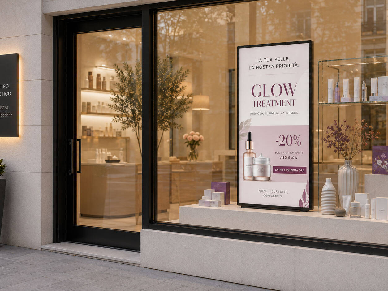 Schermo digital signage in vetrina di un centro estetico che promuove un trattamento viso con immagine, sconto e call to action.