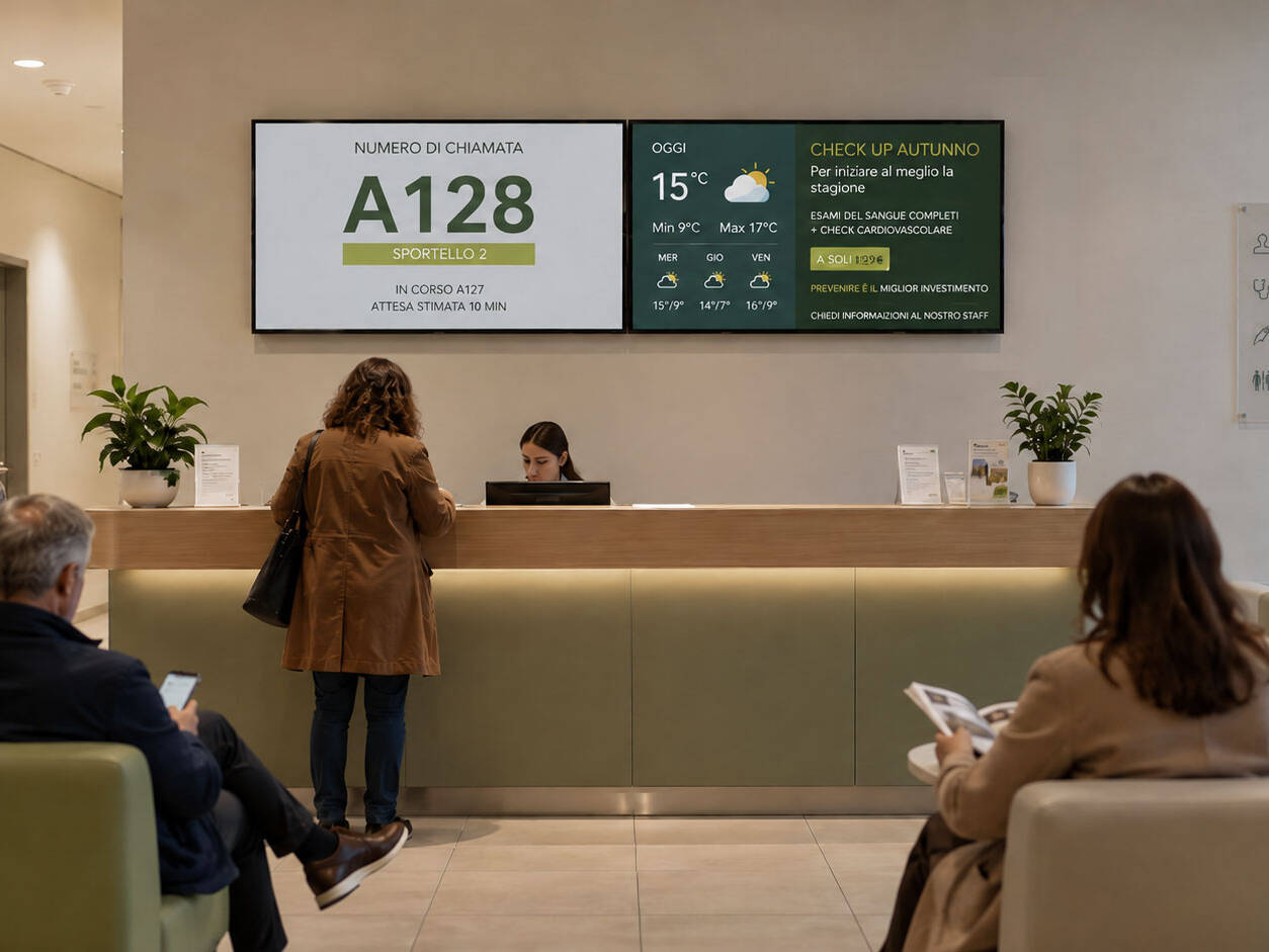 Due schermi digitali nella reception di un centro medico mostrano numero di chiamata, tempi di attesa, meteo e informazioni sui servizi.