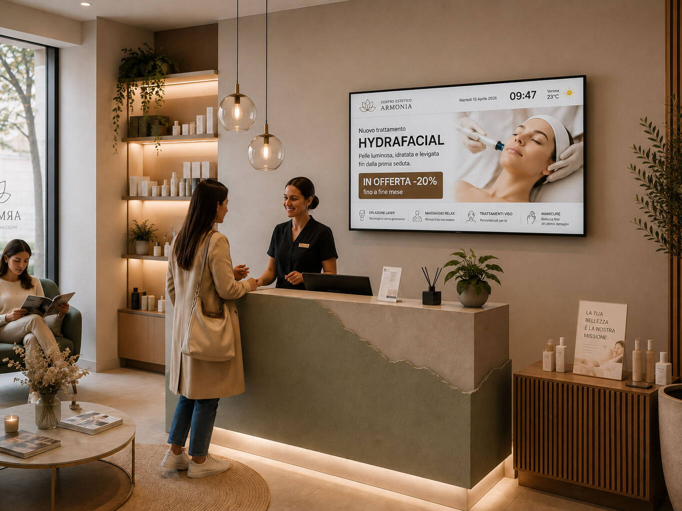 Reception di un centro estetico con monitor professionale di digital signage che promuove trattamenti estetici e offerte.