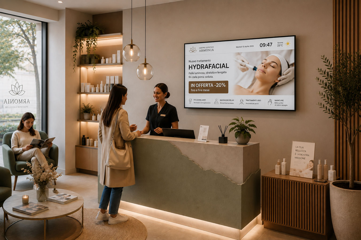Reception di un centro estetico con monitor professionale di digital signage che promuove trattamenti estetici e offerte.