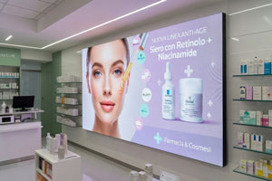 Maxi schermo digitale installato in una farmacia che mostra contenuti promozionali per prodotti cosmetici e trattamenti skincare.