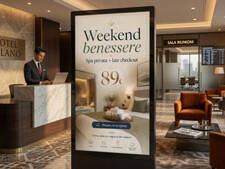 Digital Signage in reception hotel con promozione Weekend Benessere: Spa privata + late checkout da 89€. Soluzione Esapix per hospitality