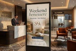 Digital Signage in reception hotel con promozione Weekend Benessere: Spa privata + late checkout da 89€. Soluzione Esapix per hospitality