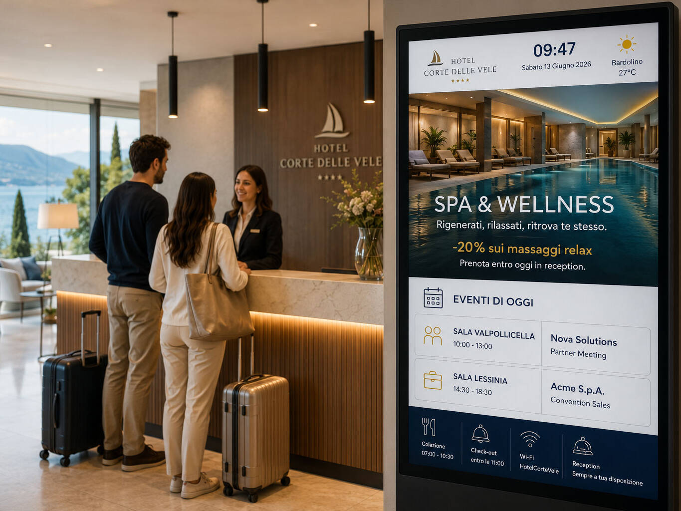 Reception di hotel con monitor professionale di digital signage che mostra servizi SPA, eventi e informazioni per gli ospiti.