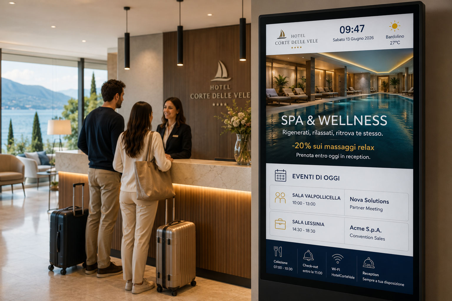Reception di hotel con monitor professionale di digital signage che mostra servizi SPA, eventi e informazioni per gli ospiti.
