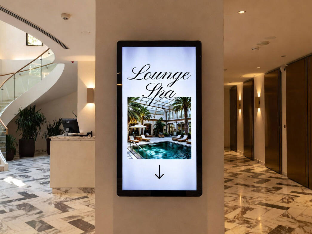 Schermo Digital Signage in reception hotel per indicare il Lounge Spa. Soluzione wayfinding e comunicazione per hospitality di Esapix