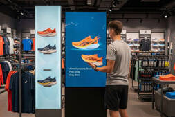 Digital Signage interattivo in negozio di sport con scarpe running: dettagli tecnici e confronto prodotti. Soluzione Esapix per retail sportivo