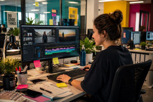 Video editor professionale che realizza contenuti digital signage per schermi pubblicitari e monitor professionali in un ufficio creativo Esapix.