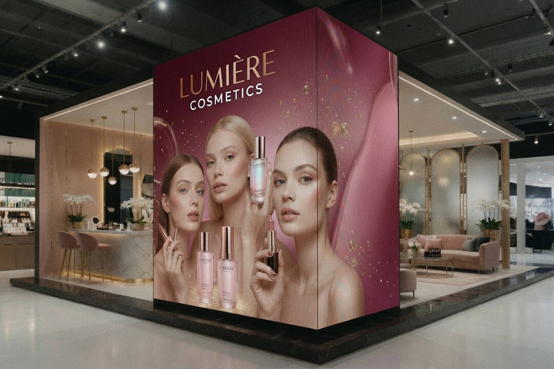 Grande LED wall per stand cosmetici. Soluzione Digital Signage immersiva di Esapix per fiere ed eventi beauty