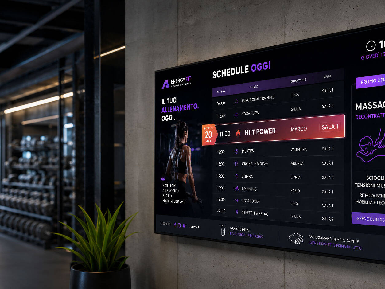 Schermo digitale in palestra che mostra il programma giornaliero dei corsi con orari, istruttori, sale e promozioni