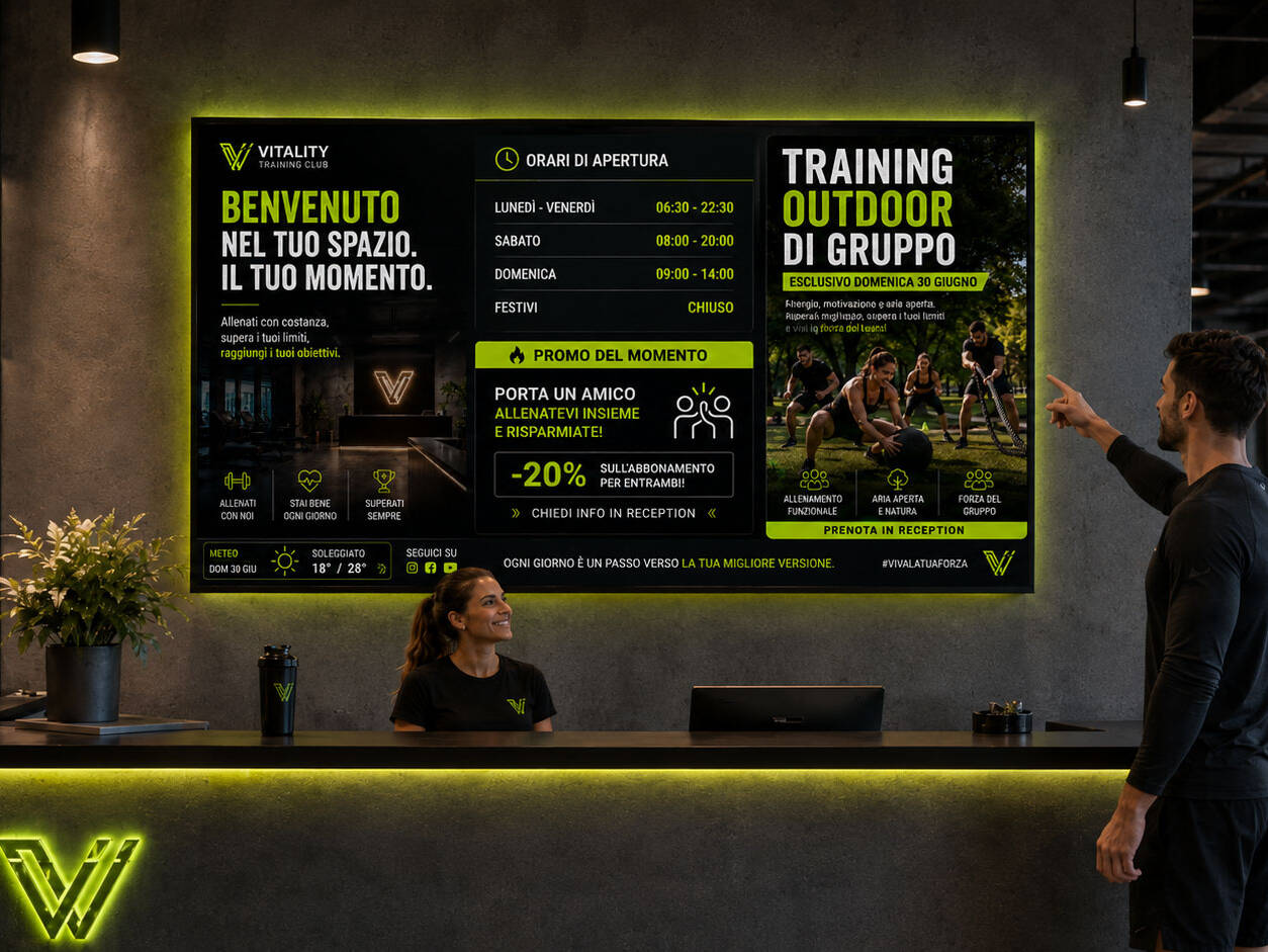 Grande schermo digitale nella reception di una palestra con messaggio di benvenuto, orari di apertura, promozioni ed evento outdoor.