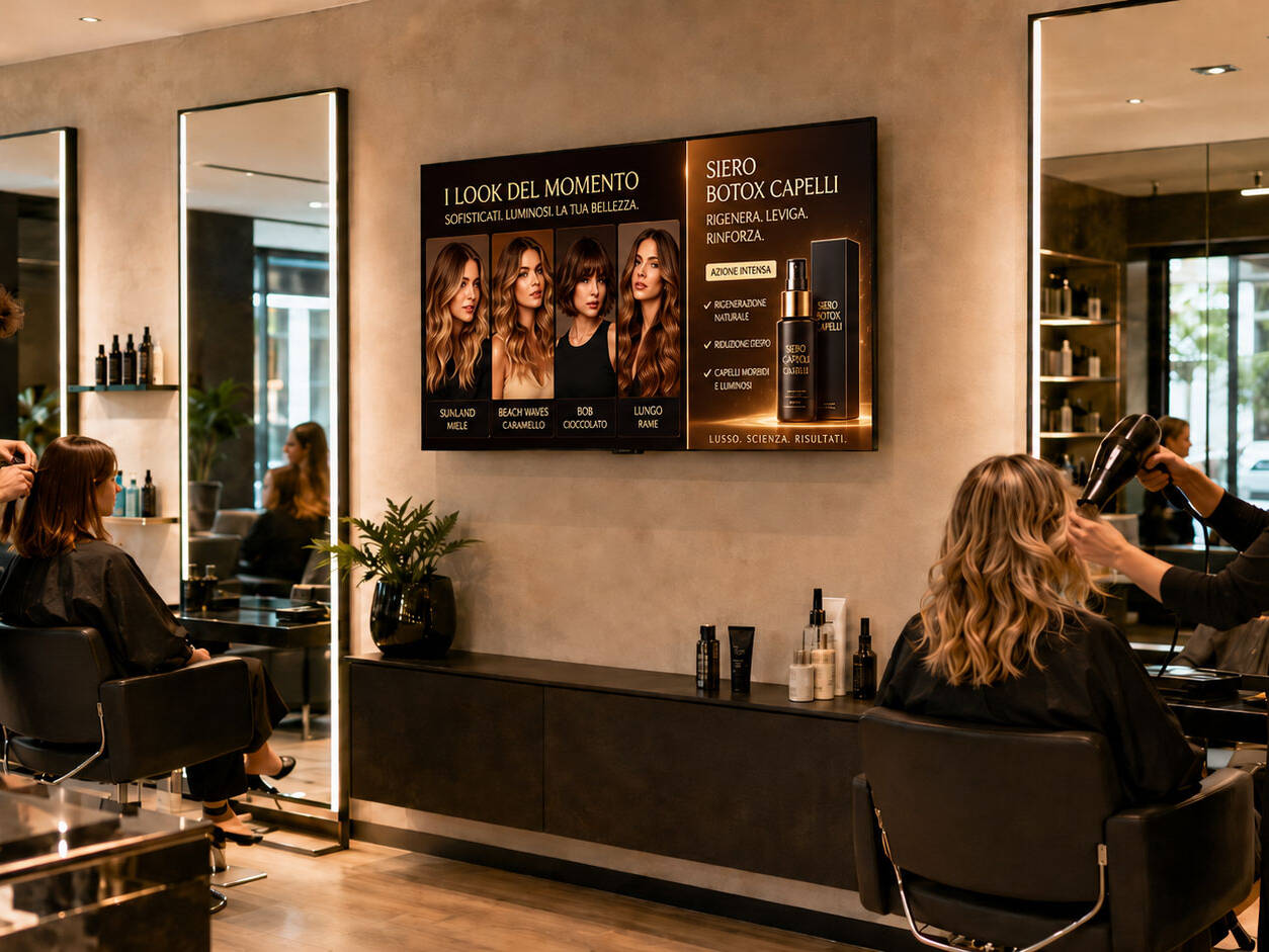 Schermo digital signage in un salone di parrucchieri che presenta look capelli, tendenze e prodotti professionali durante i trattamenti.