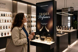 Cliente in una profumeria che interagisce con un totem digitale e una postazione esperienziale dedicata alla scoperta di profumi.
