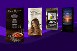 Esempi di contenuti digital signage per ristoranti, saloni di bellezza, negozi e strutture ricettive visualizzati su monitor e totem digitali.