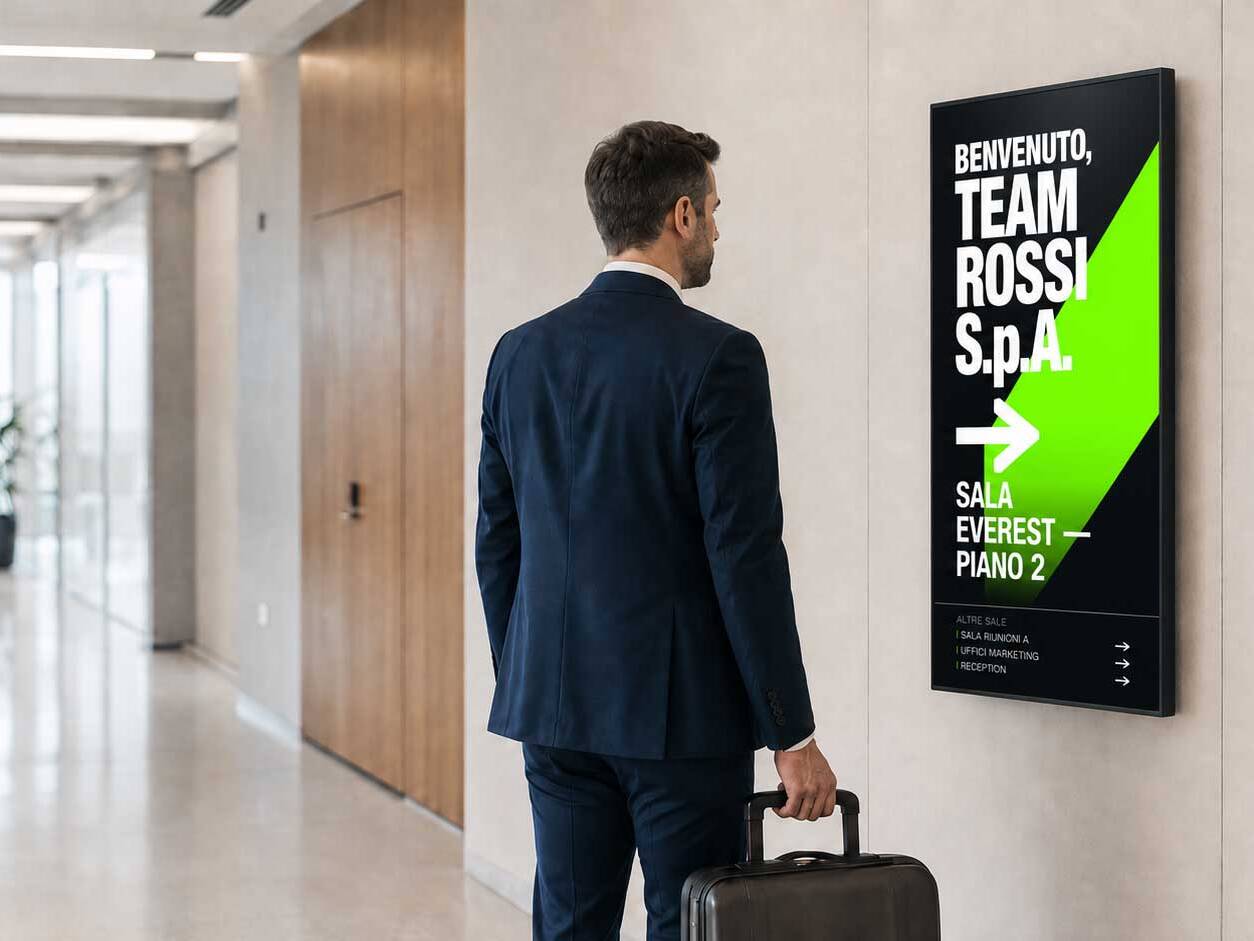 Ospite in un corridoio aziendale consulta uno schermo verticale digital signage con messaggio di benvenuto personalizzato e indicazioni per la sala riunioni.