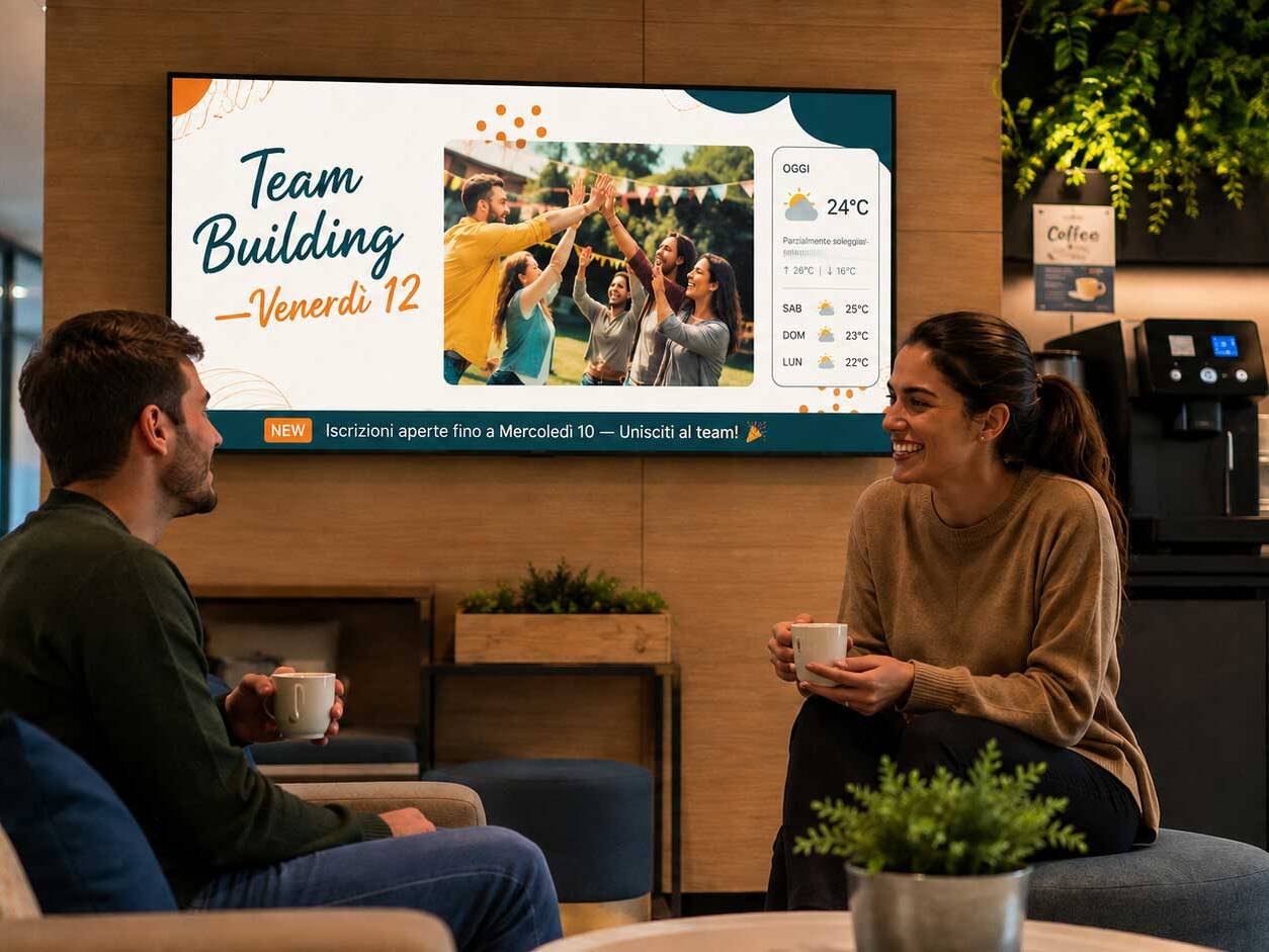 Due colleghi in un’area break aziendale davanti a uno schermo digital signage che promuove un evento di team building e mostra informazioni meteo.