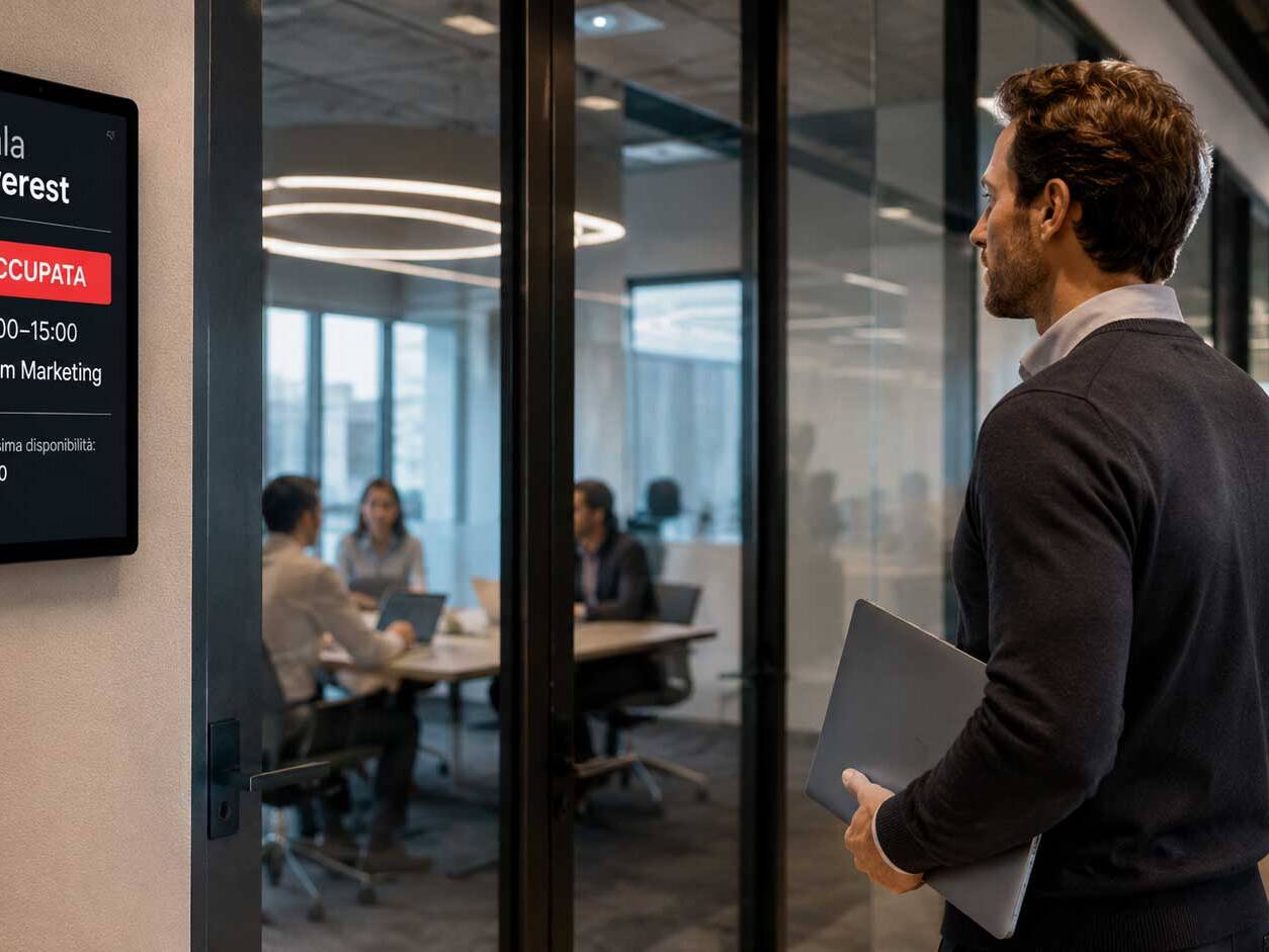 Professionista davanti a una sala riunioni consulta un display digitale che indica sala occupata, orario della riunione e prossima disponibilità.