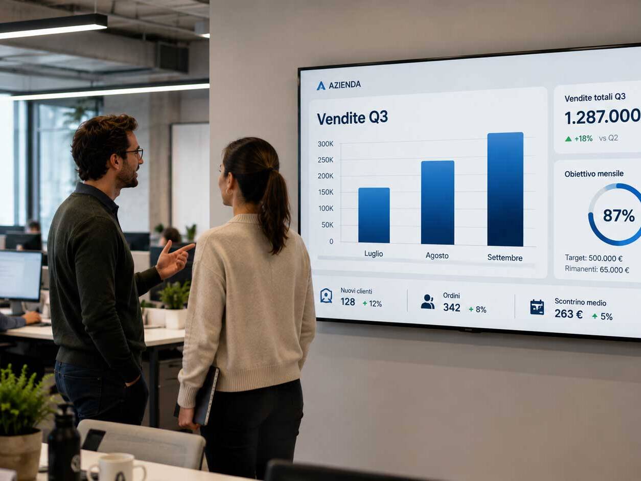Due professionisti osservano un grande schermo digital signage in ufficio che mostra vendite trimestrali, obiettivi, nuovi clienti e principali KPI aziendali.