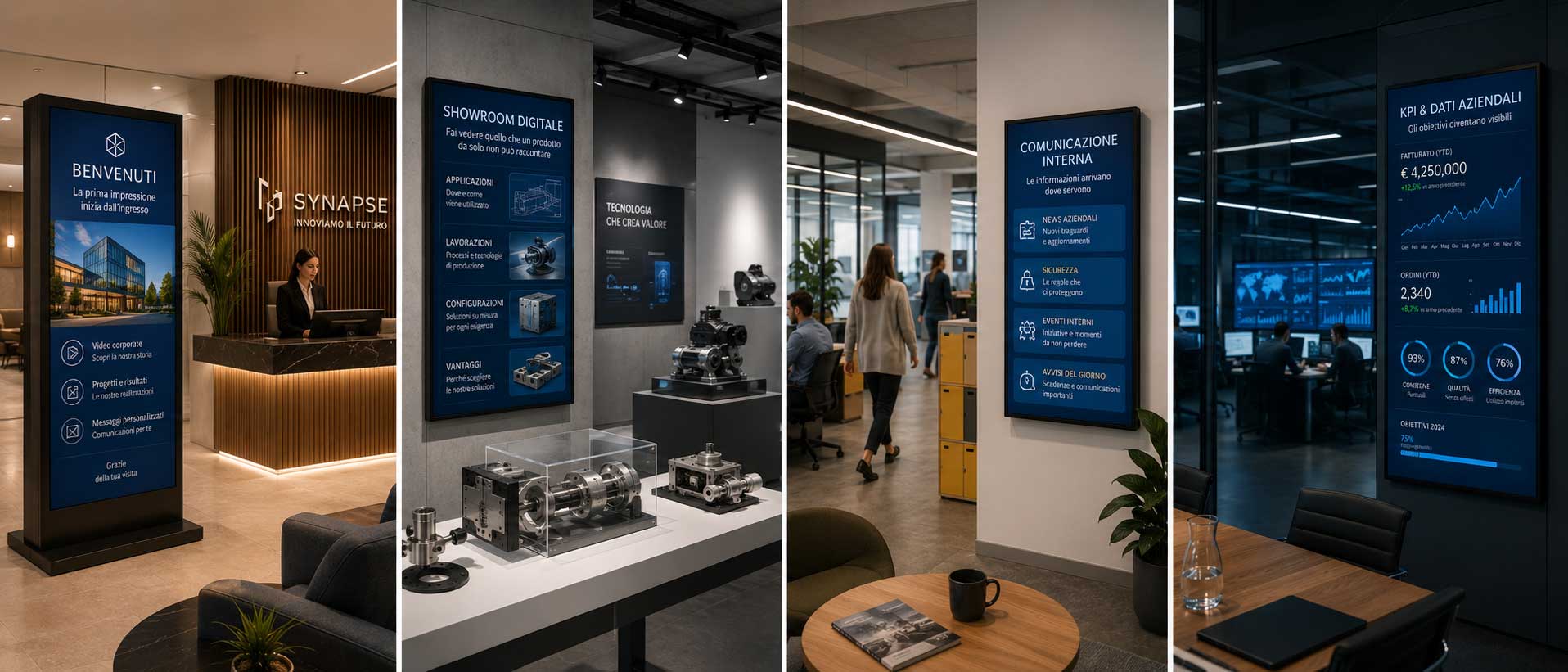 Quattro applicazioni di digital signage in azienda: reception, showroom tecnico, comunicazione interna e dashboard KPI.