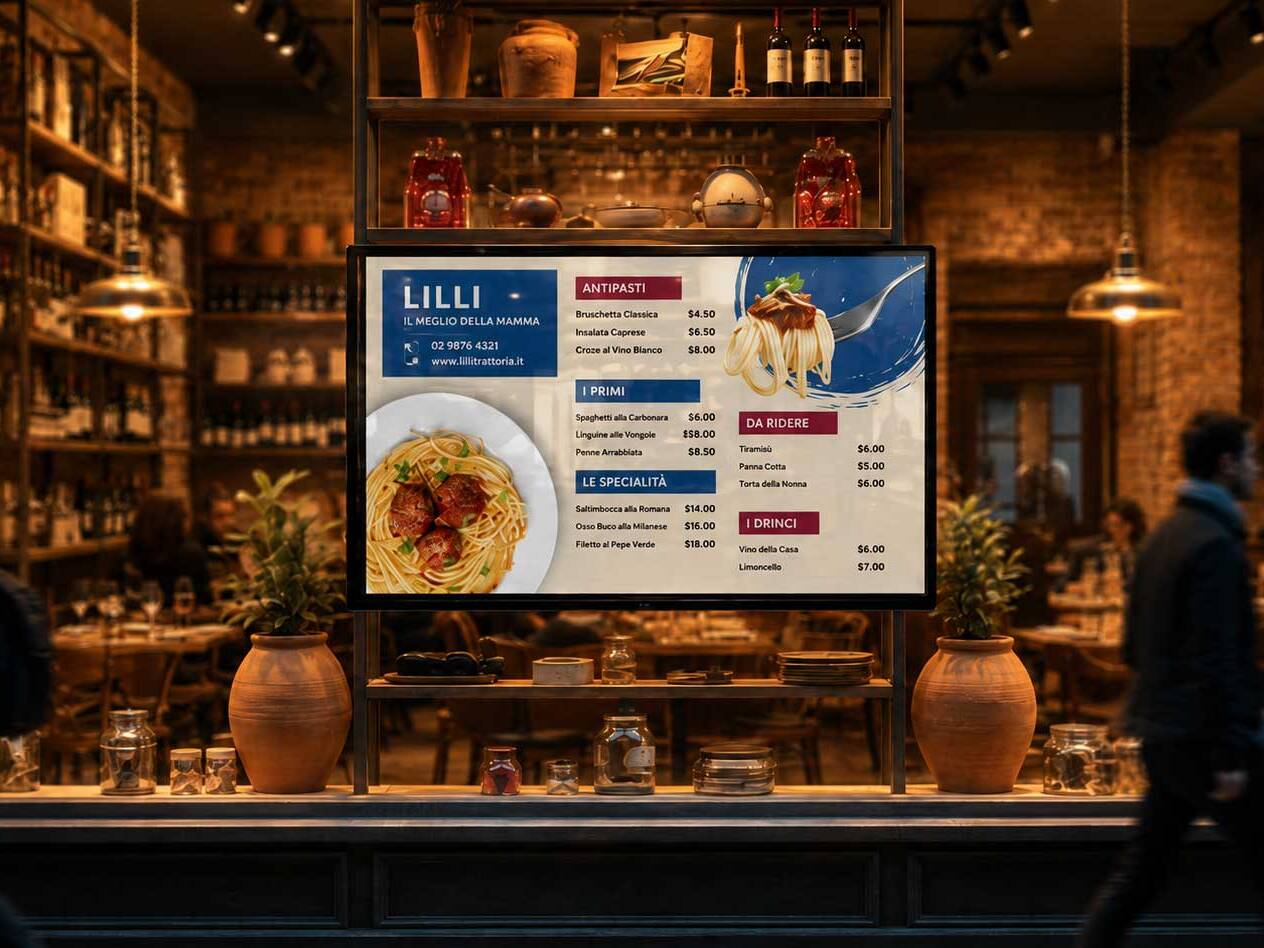 Monitor digital signage in vetrina di un ristorante con menu digitale, immagini dei piatti, categorie e prezzi.