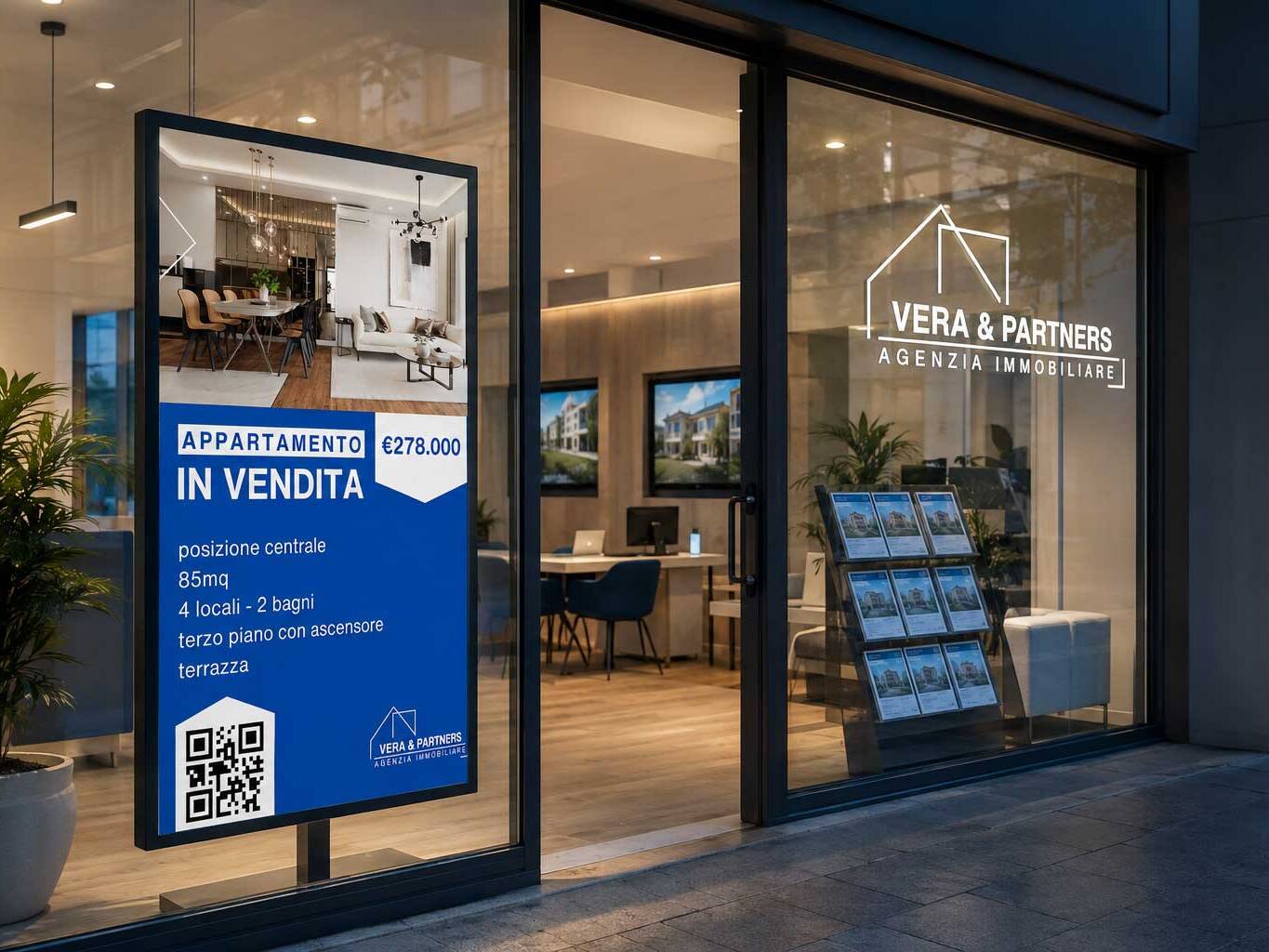 Schermo verticale in vetrina di un’agenzia immobiliare che mostra un appartamento in vendita con prezzo, caratteristiche e QR code.