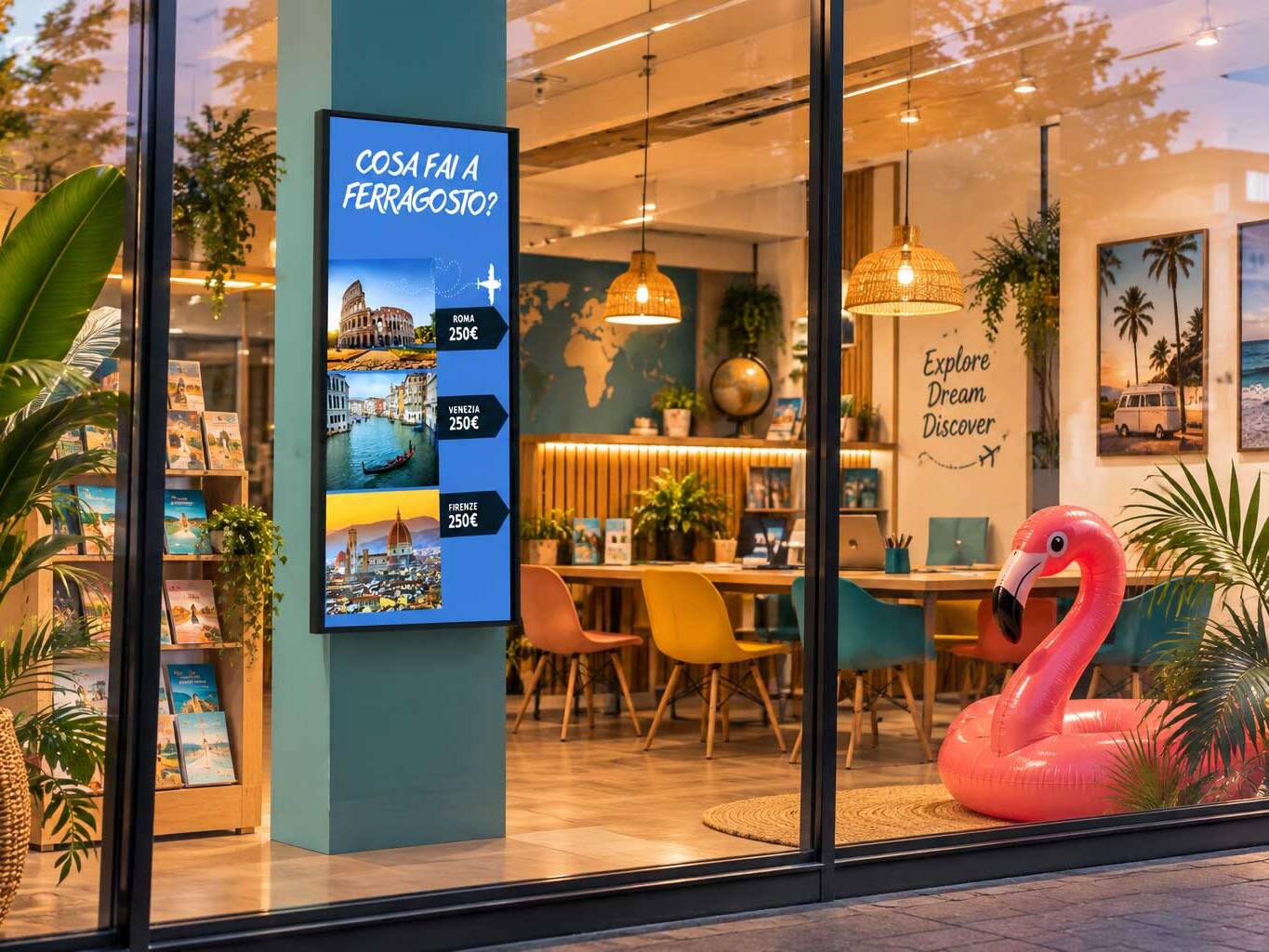 Schermo digital signage nella vetrina di un’agenzia viaggi che mostra offerte per Roma, Venezia e Firenze con prezzi.
