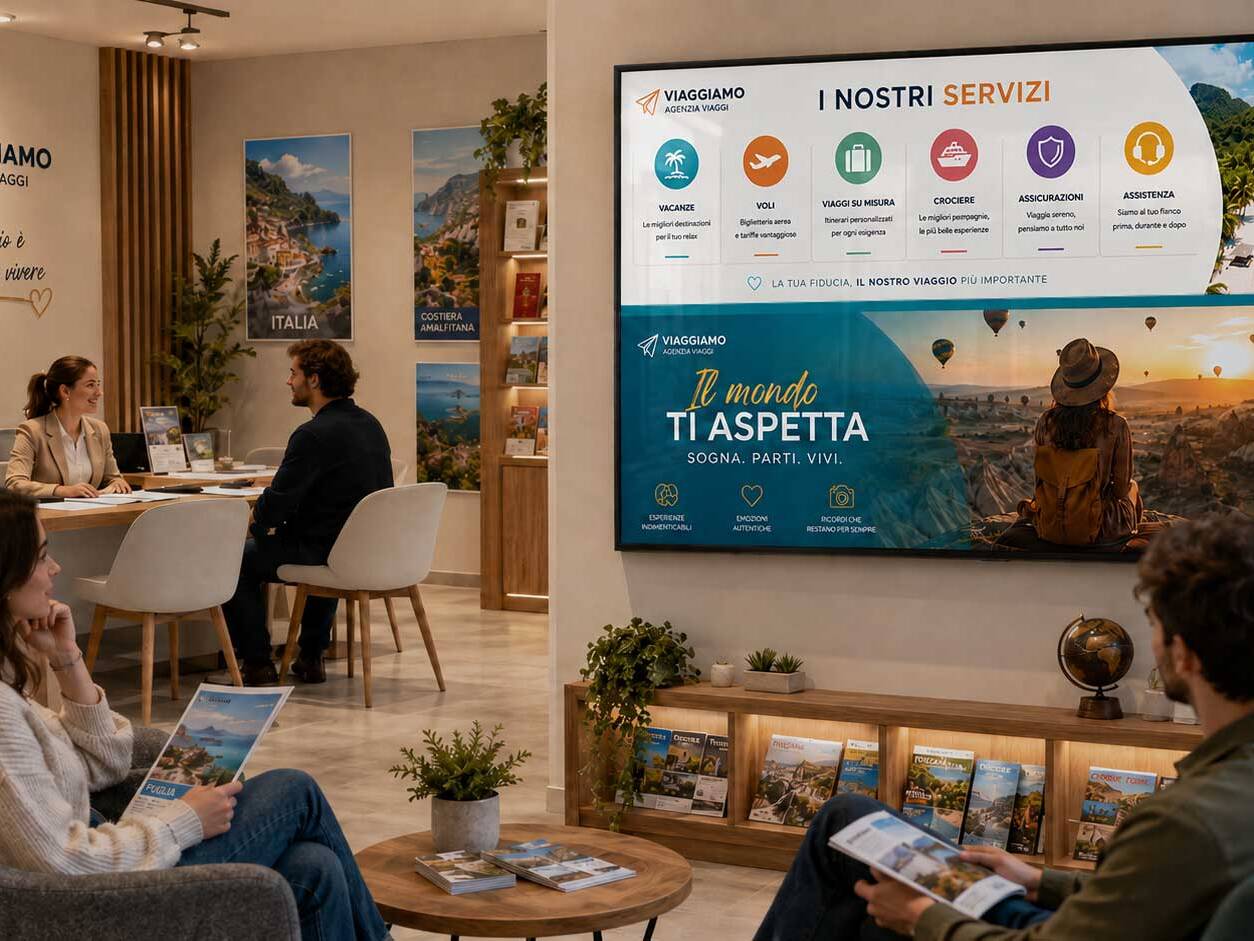 Grande schermo digitale in un’agenzia viaggi che presenta servizi, destinazioni e immagini promozionali mentre i clienti attendono.
