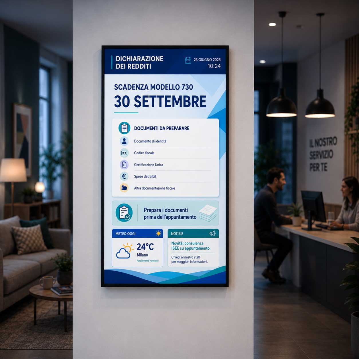 Schermo digitale verticale in un CAF che mostra scadenze fiscali, documenti necessari per il modello 730, meteo e comunicazioni informative.