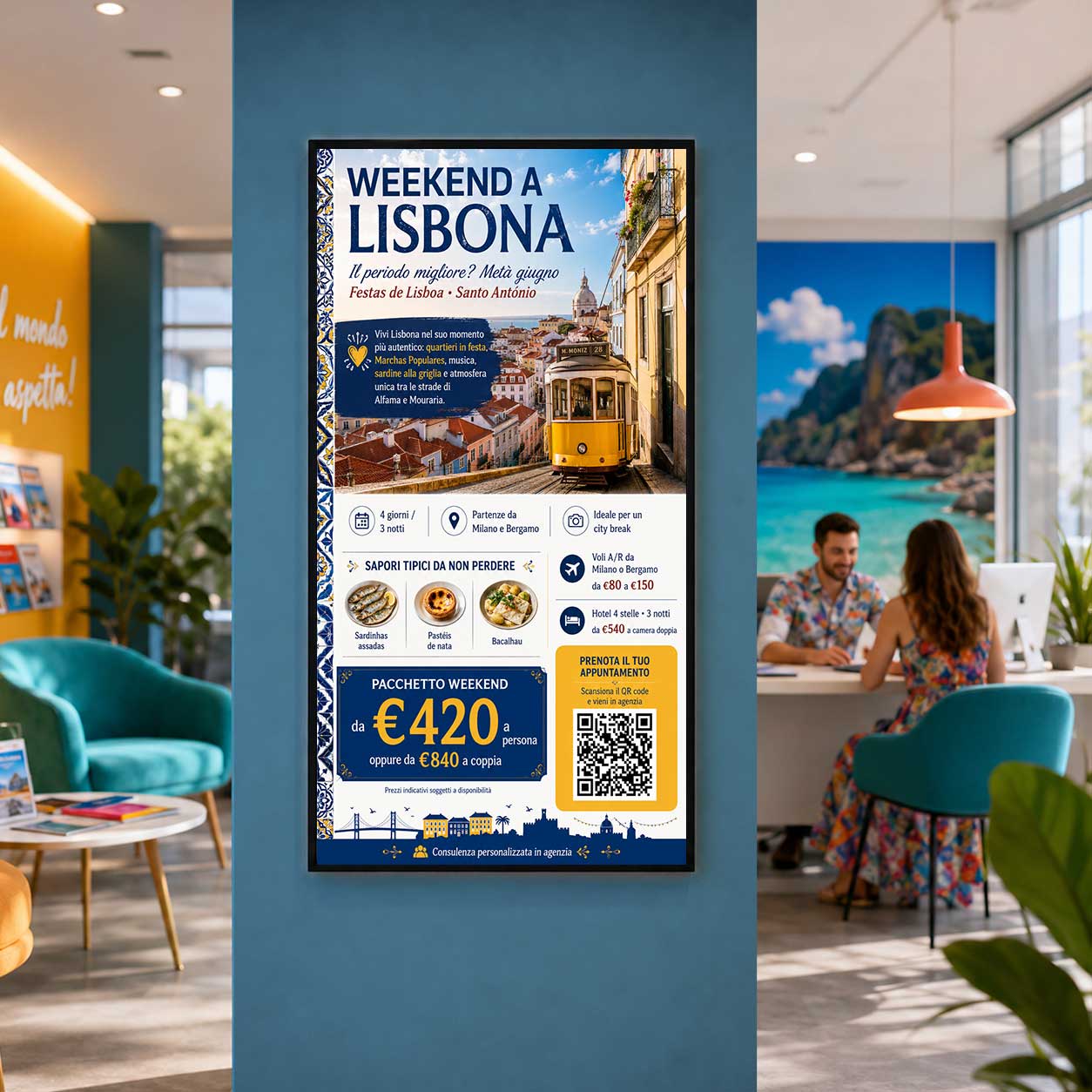 Schermo verticale in un’agenzia viaggi che presenta un weekend a Lisbona con periodo consigliato, voli, hotel, sapori tipici, prezzo e QR code.