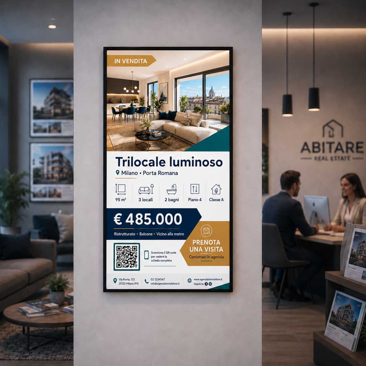 Schermo verticale in un’agenzia immobiliare che presenta un trilocale in vendita con foto, prezzo, caratteristiche, QR code e call to action per prenotare una visita.