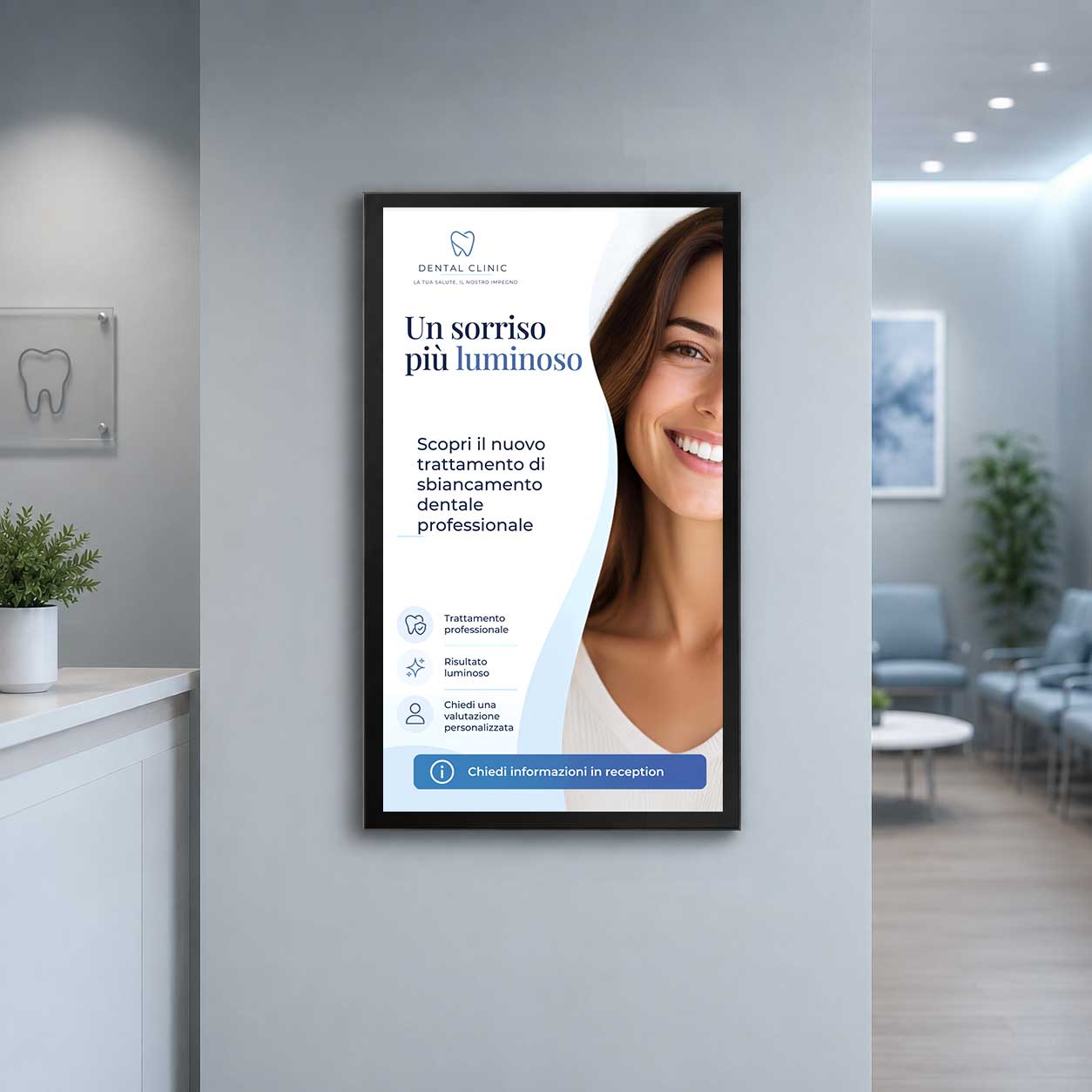 Sala d'attesa con schermo, promozione servizio in evidenza