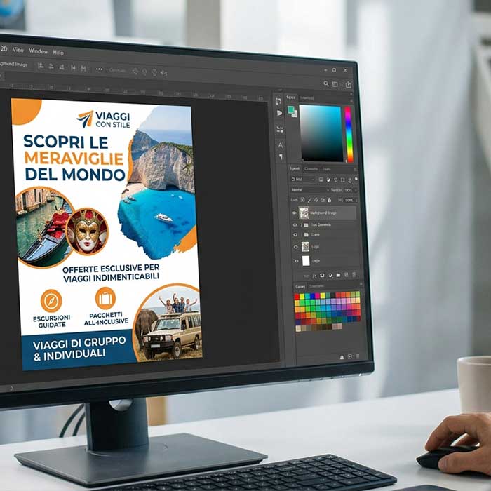 Monitor con software grafico aperto su una creativit&agrave; promozionale per un&rsquo;agenzia di viaggio, con destinazioni, escursioni e pacchetti vacanza.