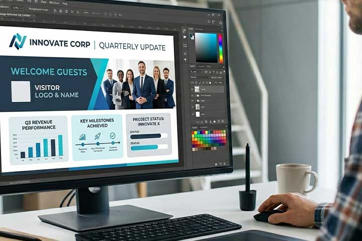 Monitor con software grafico aperto su una creativit&agrave; corporate con messaggio di benvenuto, risultati trimestrali, milestone e avanzamento progetto.
