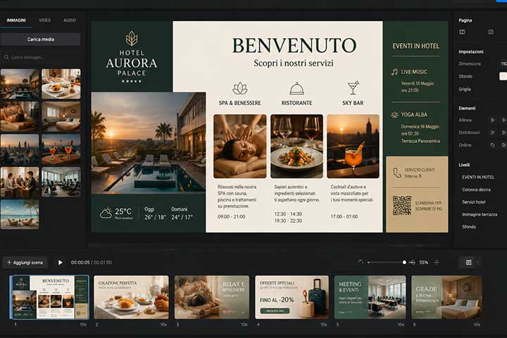 Editor grafico per digital signage in hotel con contenuti dedicati a spa, ristorante, sky bar, eventi e servizi per gli ospiti.