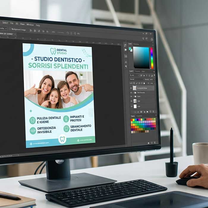 Monitor con software grafico aperto su una creativit&agrave; per uno studio dentistico, con promozione di servizi e trattamenti.